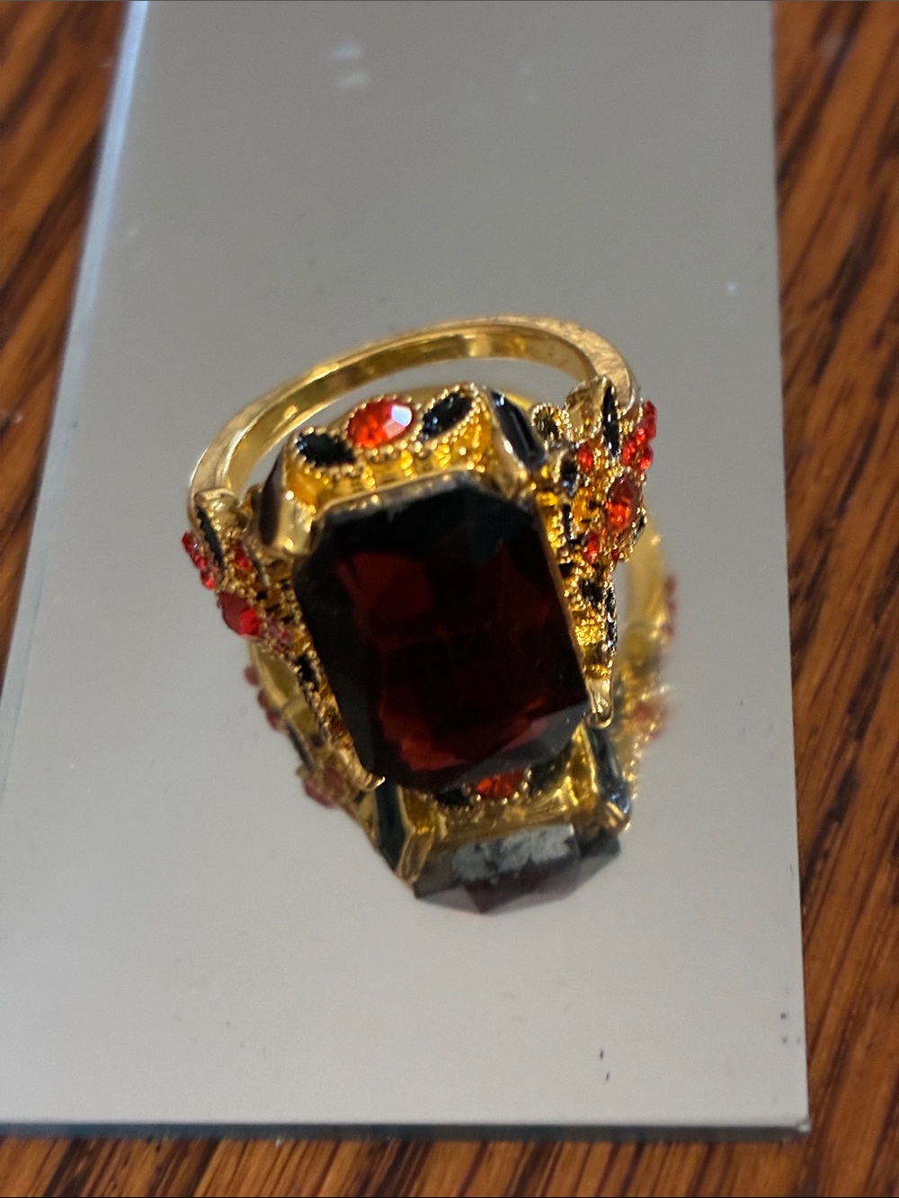 Gold-Tone Red Crystal Statement Ring